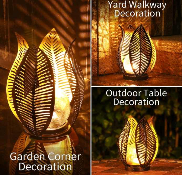 Garden Lights Waterproof Decorations,Crackle Globe Glass,Metal Palm Leaf Solar Lights for Outdoor Decor On Garden,Patio,Yard,Front Porch,Tabletop Lamp-Perfect Gifts