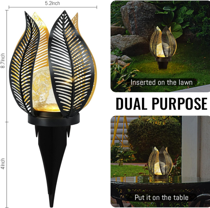 Garden Lights Waterproof Decorations,Crackle Globe Glass,Metal Palm Leaf Solar Lights for Outdoor Decor On Garden,Patio,Yard,Front Porch,Tabletop Lamp-Perfect Gifts