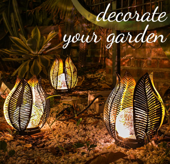Garden Lights Waterproof Decorations,Crackle Globe Glass,Metal Palm Leaf Solar Lights for Outdoor Decor On Garden,Patio,Yard,Front Porch,Tabletop Lamp-Perfect Gifts