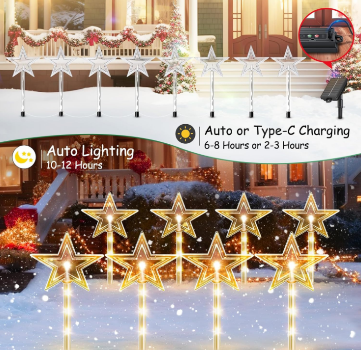 8 Pack Christmas Decorations Outdoor, RECHOO Twinkling Big Star Solar Christmas Lights with 32 Bright LED and 10 Lighting Modes, Warm White Waterproof Outdoor Christmas Decorations for Pathway Yard