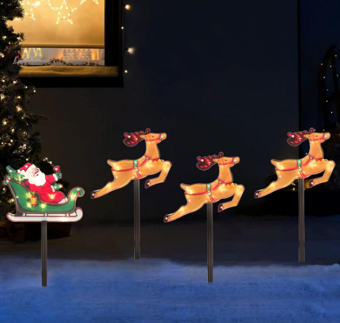 Christmas Silhouette Outdoor Pathway Lights Set of 4 Battery Powered Pre-Lit 30 LEDs Double Sided Christmas Reindeer & Sled Vintage Holiday Outdoor Display Decor for Garden, Patio,Yard, Lawn