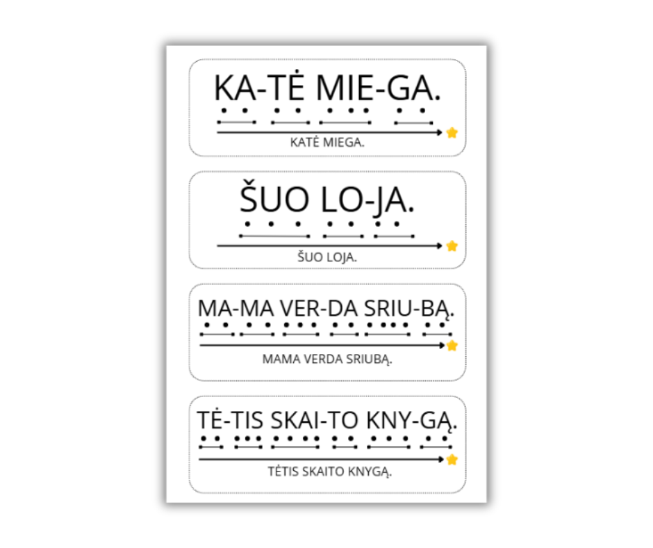 Skaitymo kortelės. Skiemenuoti sakiniai