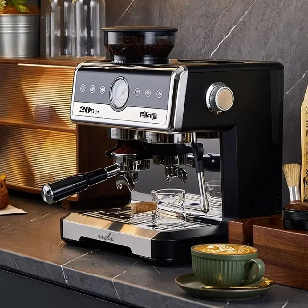 DSP Coffee Machine Espresso Coffee Maker Frothing Grinding 20 Bar 2250W - Silver Black