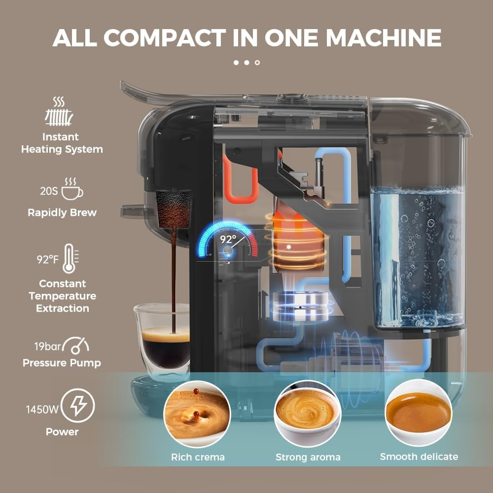 Cafelffe Espresso Coffee Machine 5in1 Coffee Maker 19 Bar 1450W 600ml - Black