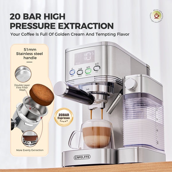 Cafelffe Coffee Machine Espresso Coffee Maker Frother 20 Bar 1.3L 1350W - Silver