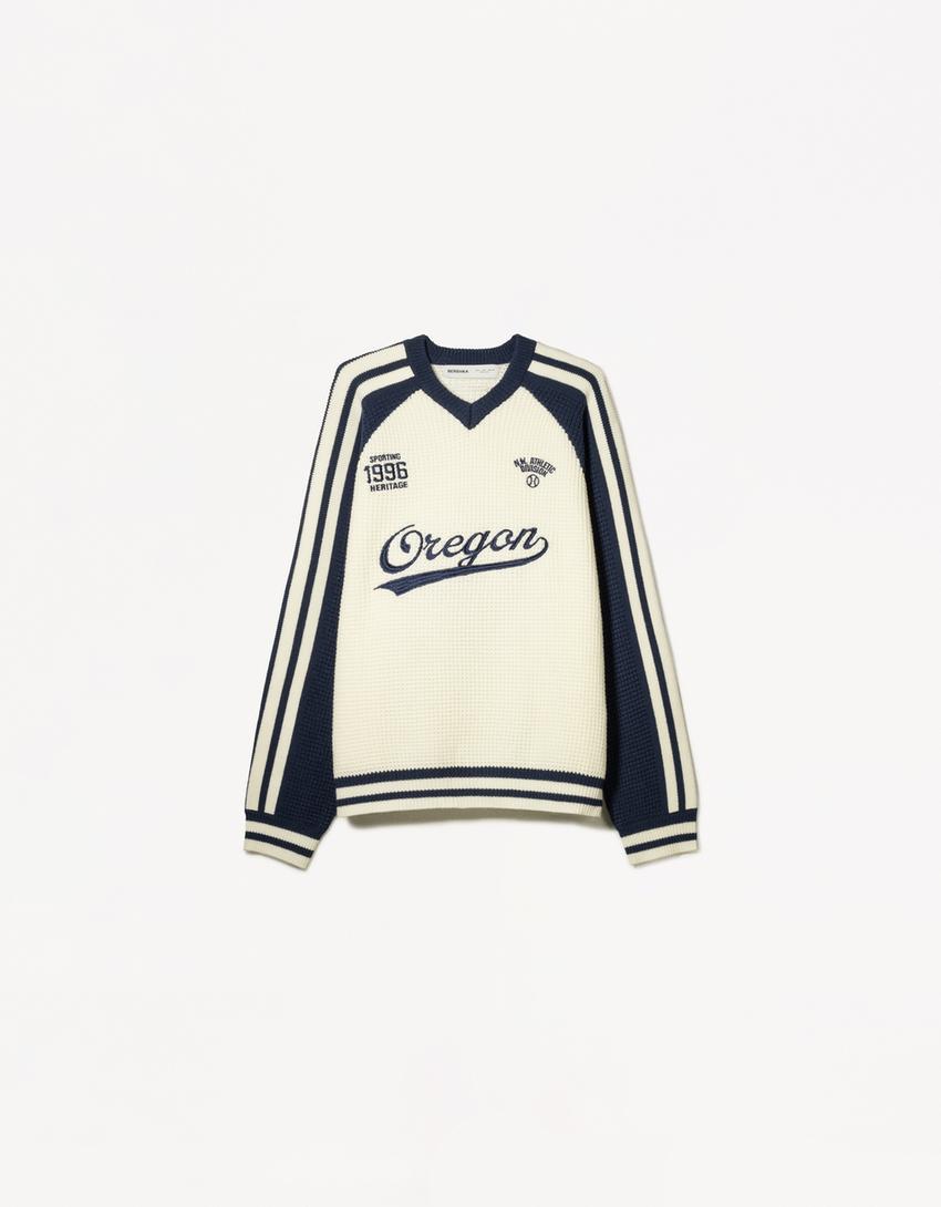  Retro sports patterned textured sweater 