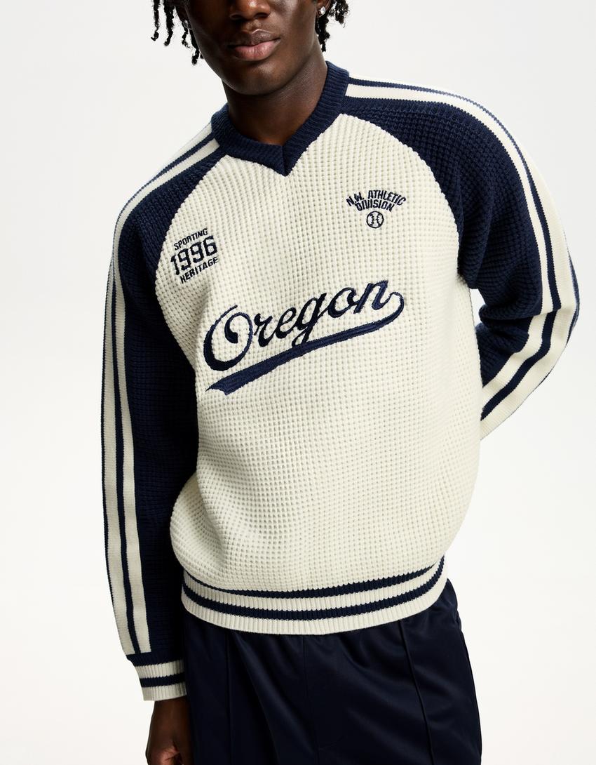  Retro sports patterned textured sweater 