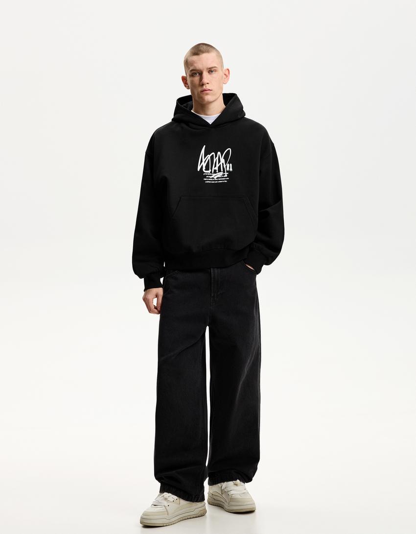  Printed Square Cut Hooded Sweatshirt 