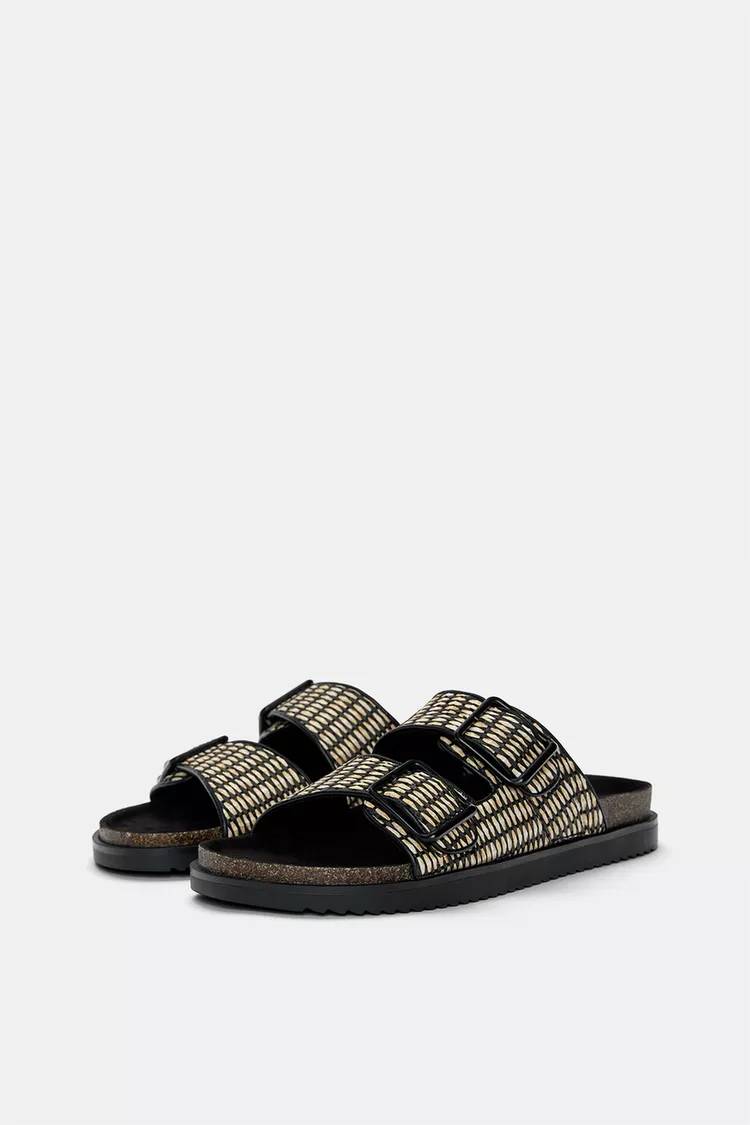 Patterned buckled flat sandals