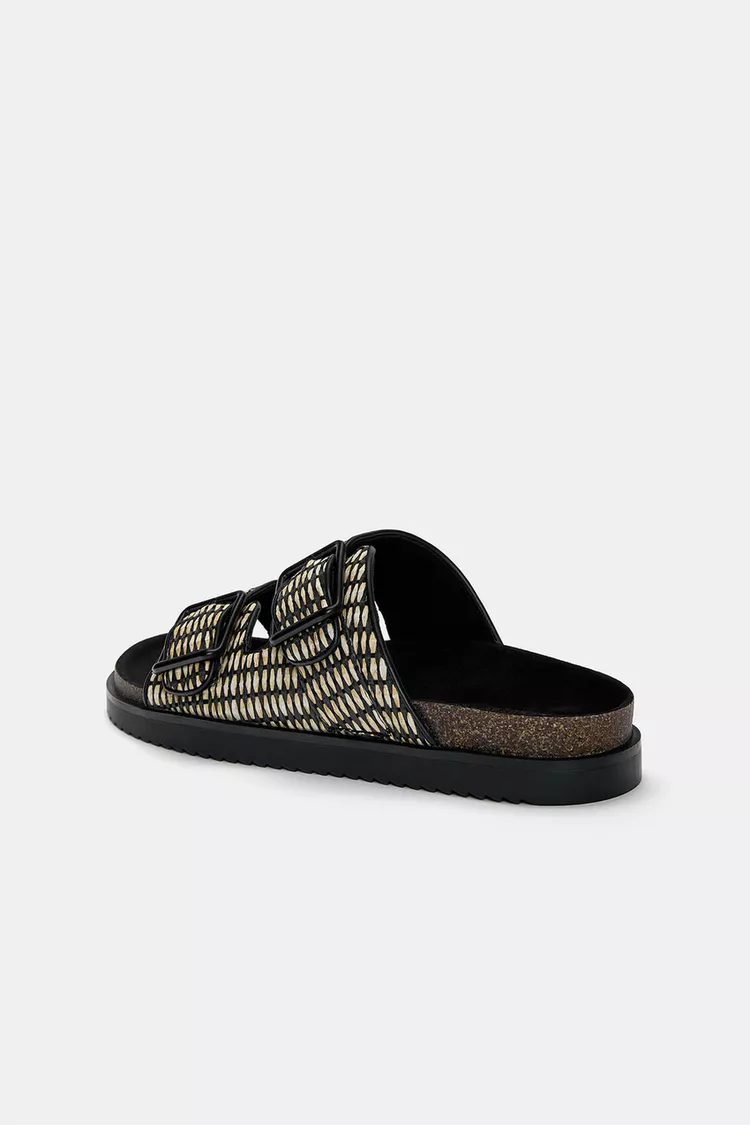 Patterned buckled flat sandals