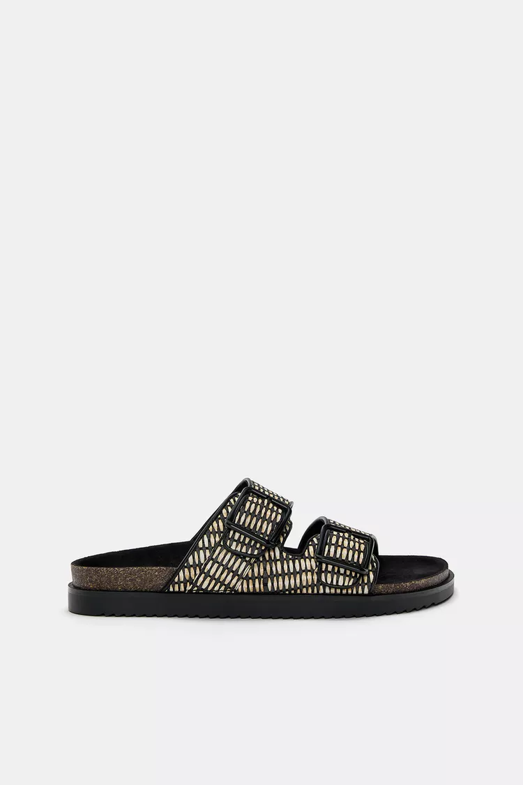Patterned buckled flat sandals