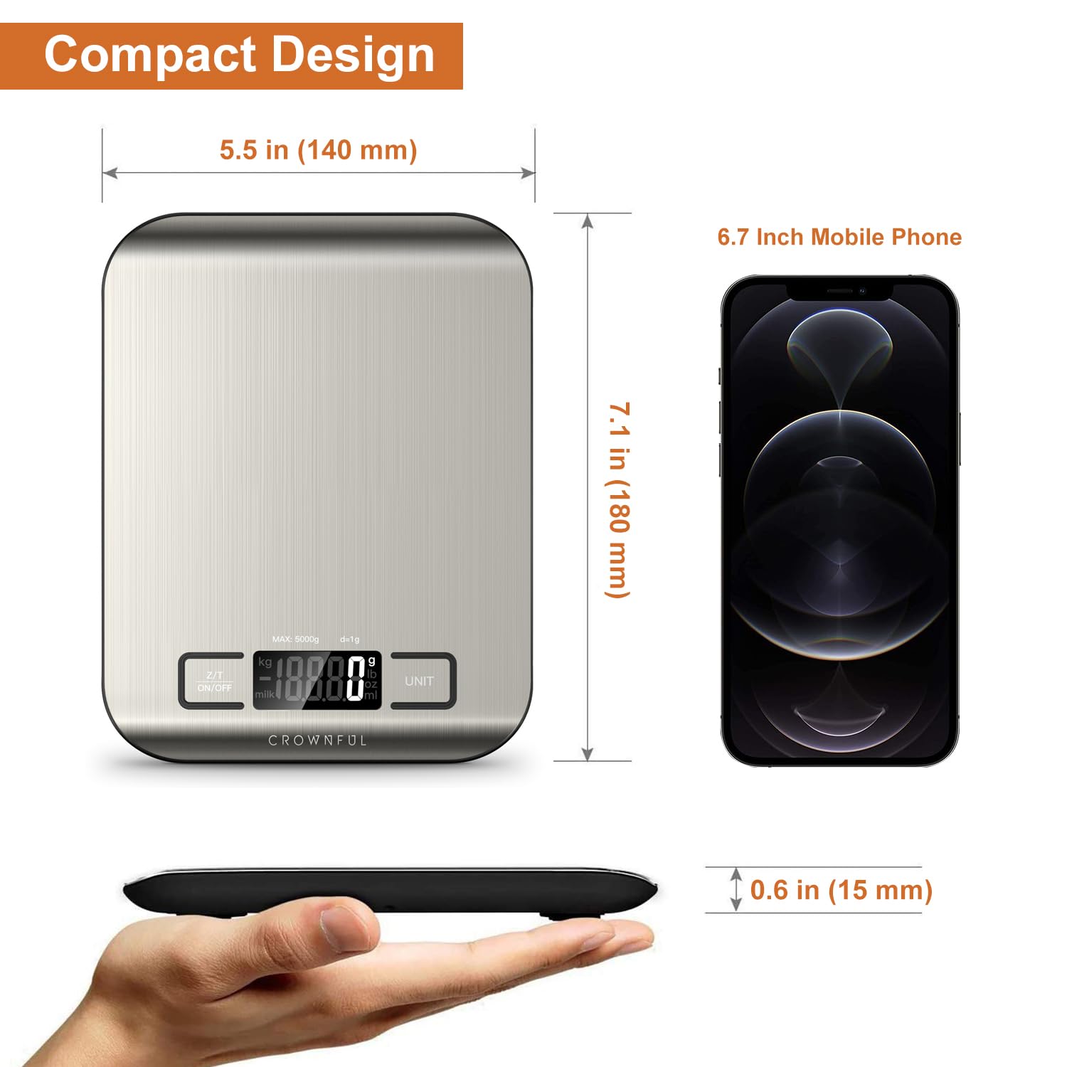 NEW CROWNFUL Food Scale, 11 lb Digital Kitchen Scales with Built-in Coin Battery, Weight Ounces and Grams for Cooking and Baking, 6 Units with Tare Function, LCD Display, 304 Stainless Steel