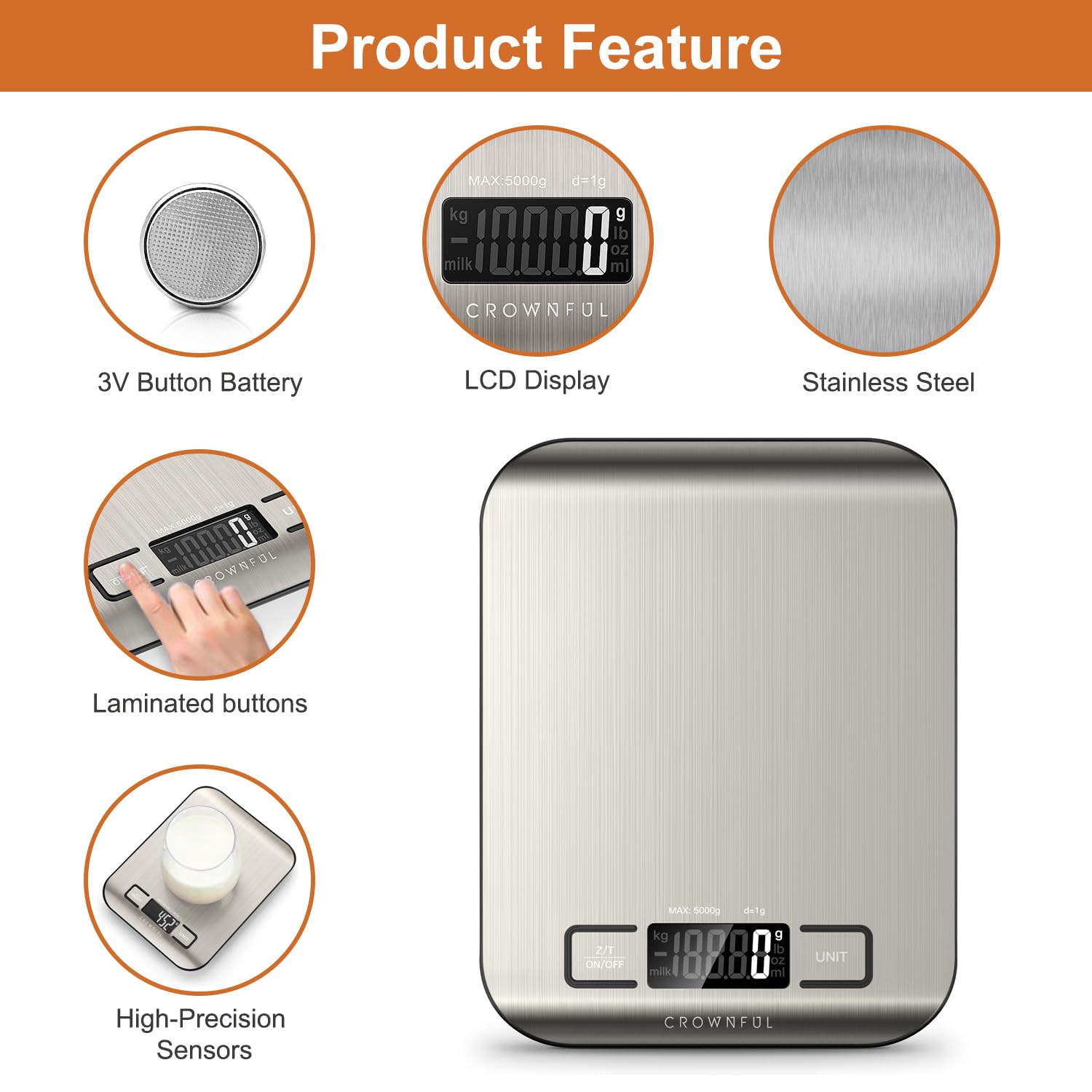 NEW CROWNFUL Food Scale, 11 lb Digital Kitchen Scales with Built-in Coin Battery, Weight Ounces and Grams for Cooking and Baking, 6 Units with Tare Function, LCD Display, 304 Stainless Steel