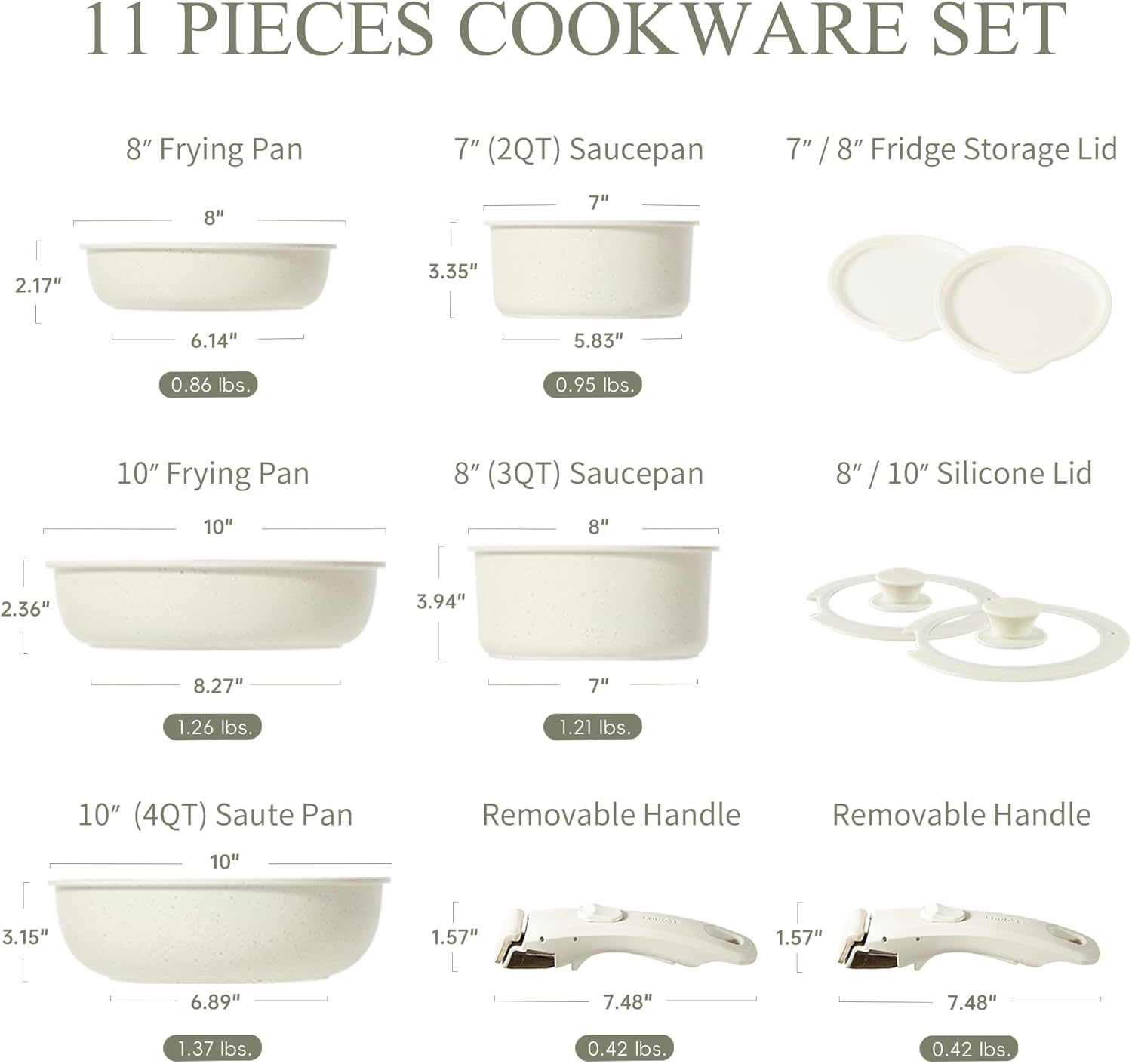 NEW CAROTE Pots and Pans Set Non Stick, Cookware Sets, 11pcs Kitchen Set, Oven/Fridge Safe, Space Saving Pots Set, Nonstick Set with Versatile Removable/Detachable Handle, Induction RV Set, Cream White