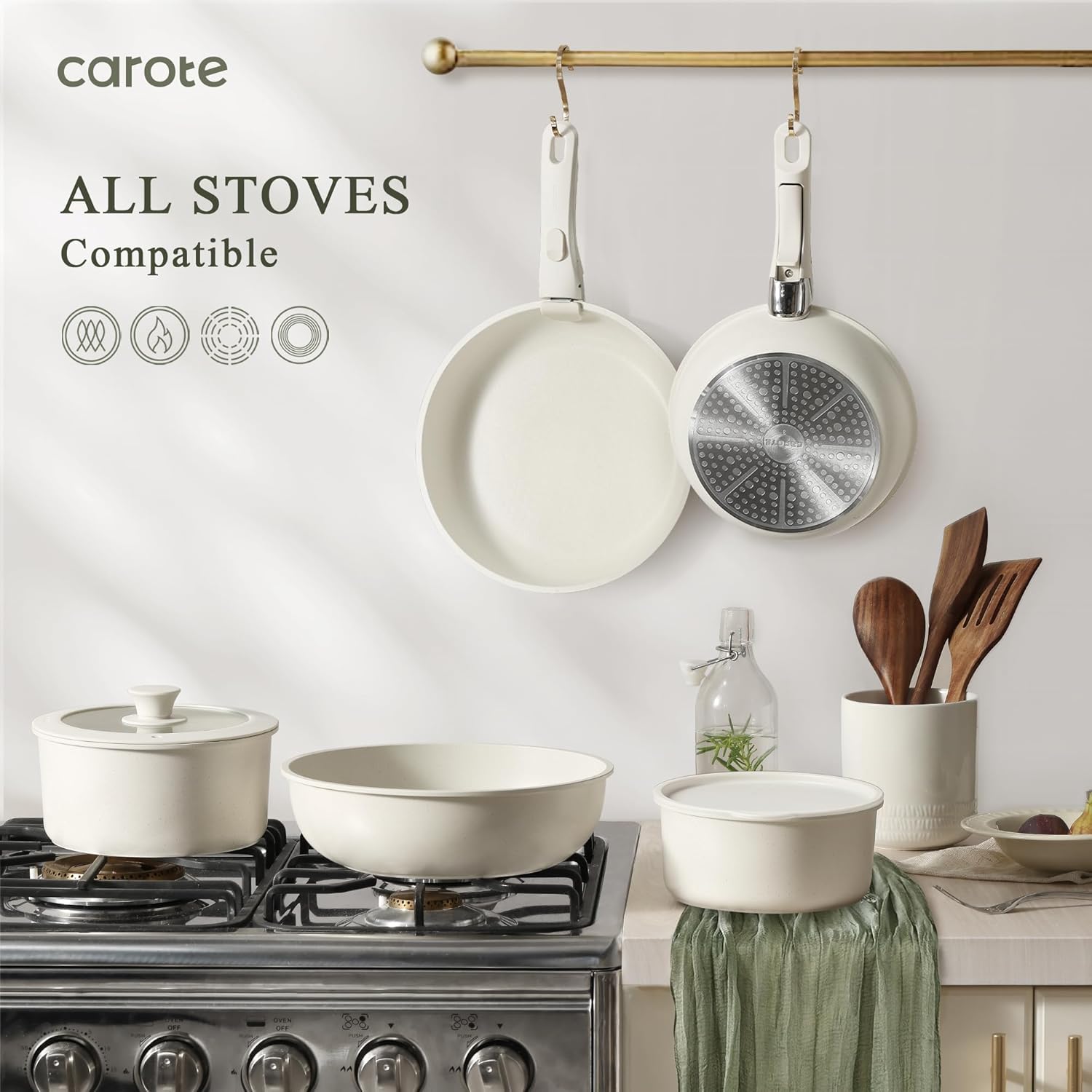 NEW CAROTE Pots and Pans Set Non Stick, Cookware Sets, 11pcs Kitchen Set, Oven/Fridge Safe, Space Saving Pots Set, Nonstick Set with Versatile Removable/Detachable Handle, Induction RV Set, Cream White