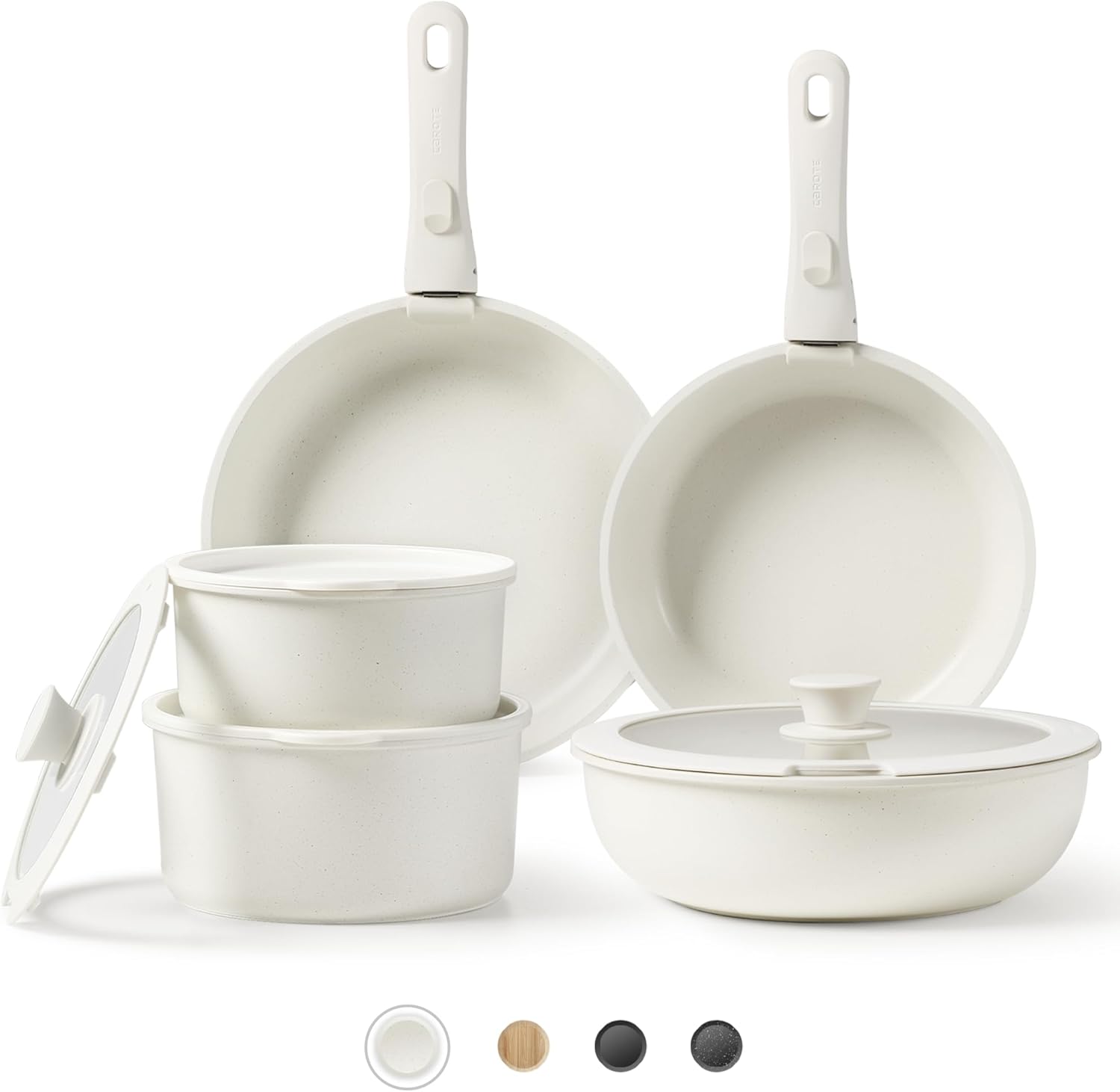 NEW CAROTE Pots and Pans Set Non Stick, Cookware Sets, 11pcs Kitchen Set, Oven/Fridge Safe, Space Saving Pots Set, Nonstick Set with Versatile Removable/Detachable Handle, Induction RV Set, Cream White
