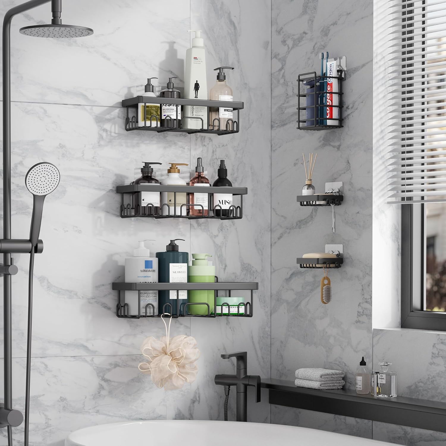 NEW Veken Adhesive Shower Caddy 6-Pack, Large Capacity Bathroom Organizers and Storage, Rustproof Shelves Rack with Soap Holder, No Drilling Wall-Mounted Kitchen & Home Decor, Bath Decor&Essentials, Black