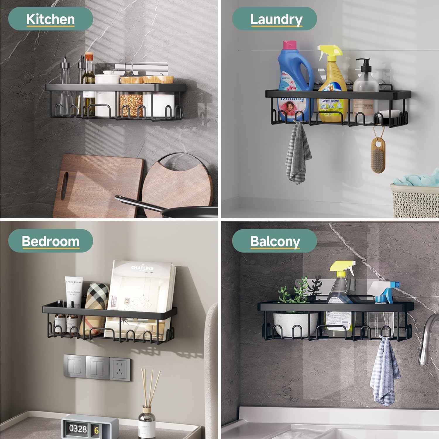 NEW Veken Adhesive Shower Caddy 6-Pack, Large Capacity Bathroom Organizers and Storage, Rustproof Shelves Rack with Soap Holder, No Drilling Wall-Mounted Kitchen & Home Decor, Bath Decor&Essentials, Black
