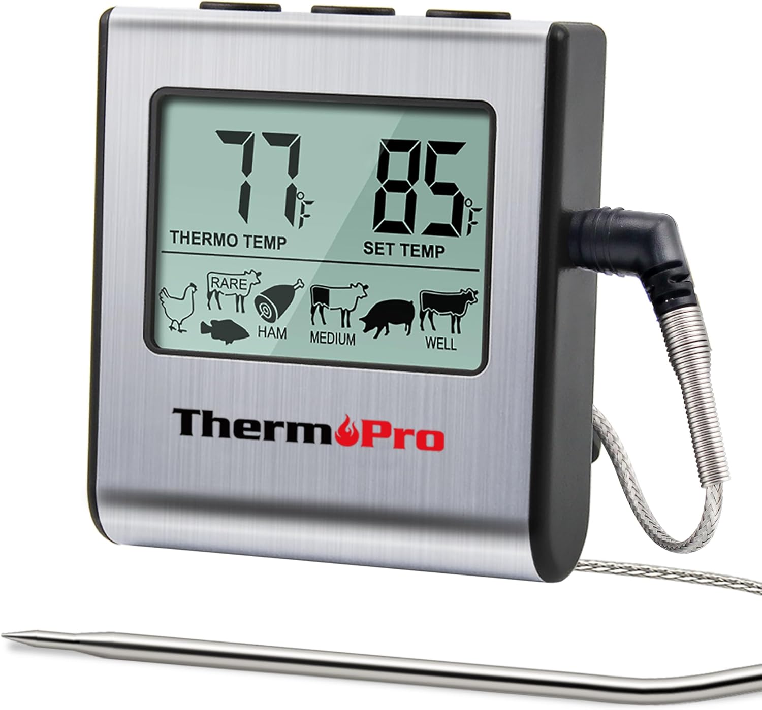 NEW ThermoPro TP16 Large LCD Digital Cooking Food Meat Thermometer for Smoker Oven Kitchen BBQ Grill Thermometer Clock Timer with Stainless Steel Temperature Probe Color:Light Silver