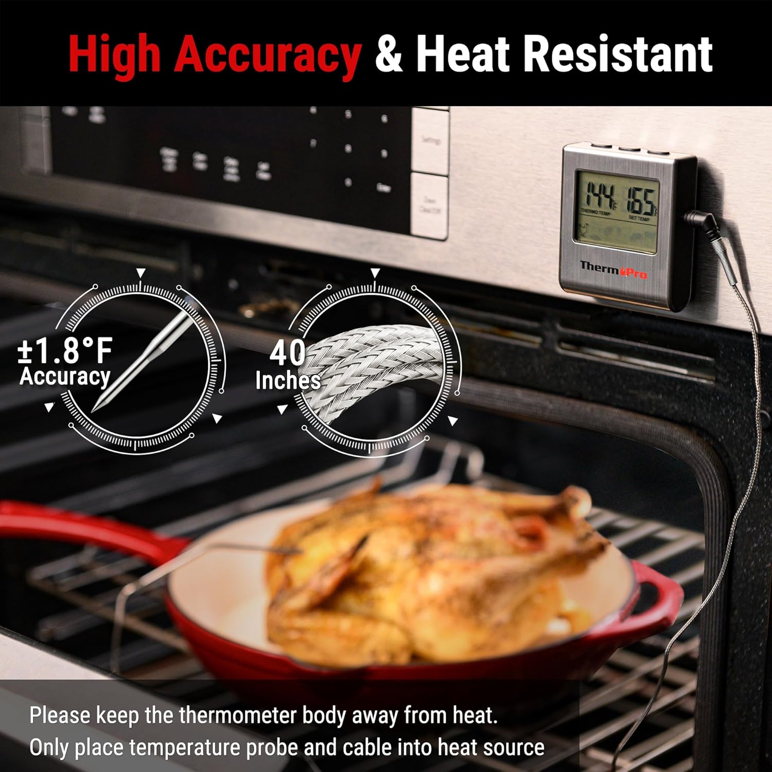 NEW ThermoPro TP16 Large LCD Digital Cooking Food Meat Thermometer for Smoker Oven Kitchen BBQ Grill Thermometer Clock Timer with Stainless Steel Temperature Probe Color:Light Silver