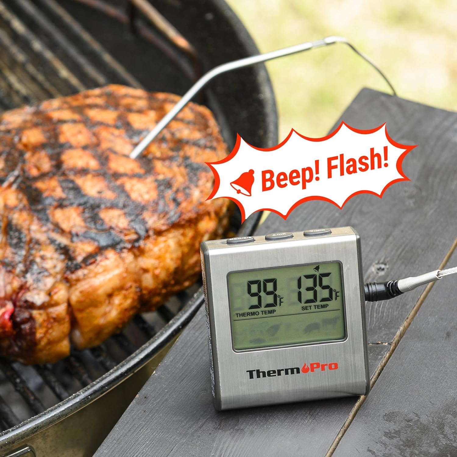 NEW ThermoPro TP16 Large LCD Digital Cooking Food Meat Thermometer for Smoker Oven Kitchen BBQ Grill Thermometer Clock Timer with Stainless Steel Temperature Probe Color:Light Silver