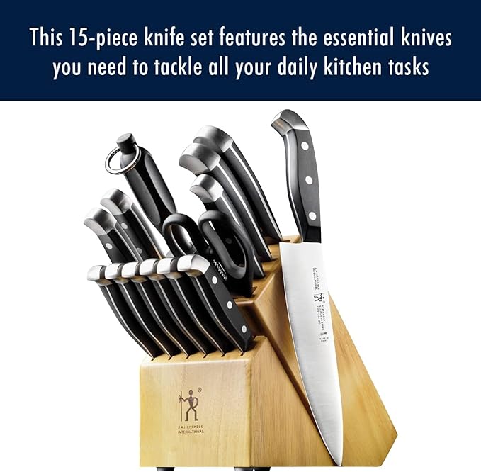 NEW HENCKELS Premium Quality 15-Piece Knife Set with Block, Razor-Sharp, German Engineered Knife Informed by over 100 Years of Masterful Knife Making, Lightweight and Strong, Dishwasher Safe