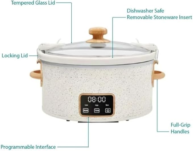 NEW Pioneer Woman 6 QT Slow Cooker, Locking Lid, Removable Crock, Digital, Linen speckle