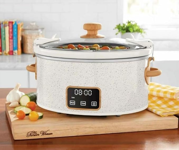NEW Pioneer Woman 6 QT Slow Cooker, Locking Lid, Removable Crock, Digital, Linen speckle