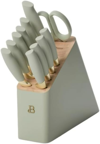 NEW Beautiful 12pc Sage Green Stainless Steel Knife Block Set Soft-Grip Handles by Drew Barrymore