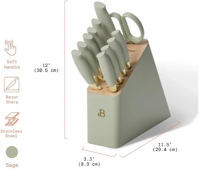 NEW Beautiful 12pc Sage Green Stainless Steel Knife Block Set Soft-Grip Handles by Drew Barrymore