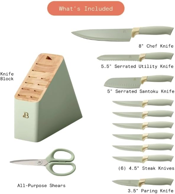 NEW Beautiful 12pc Sage Green Stainless Steel Knife Block Set Soft-Grip Handles by Drew Barrymore