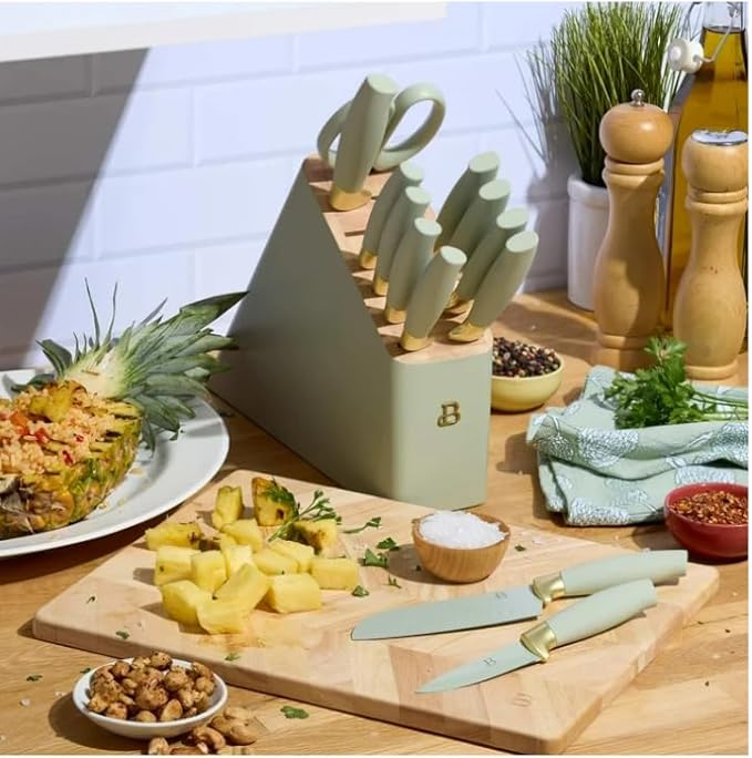 NEW Beautiful 12pc Sage Green Stainless Steel Knife Block Set Soft-Grip Handles by Drew Barrymore