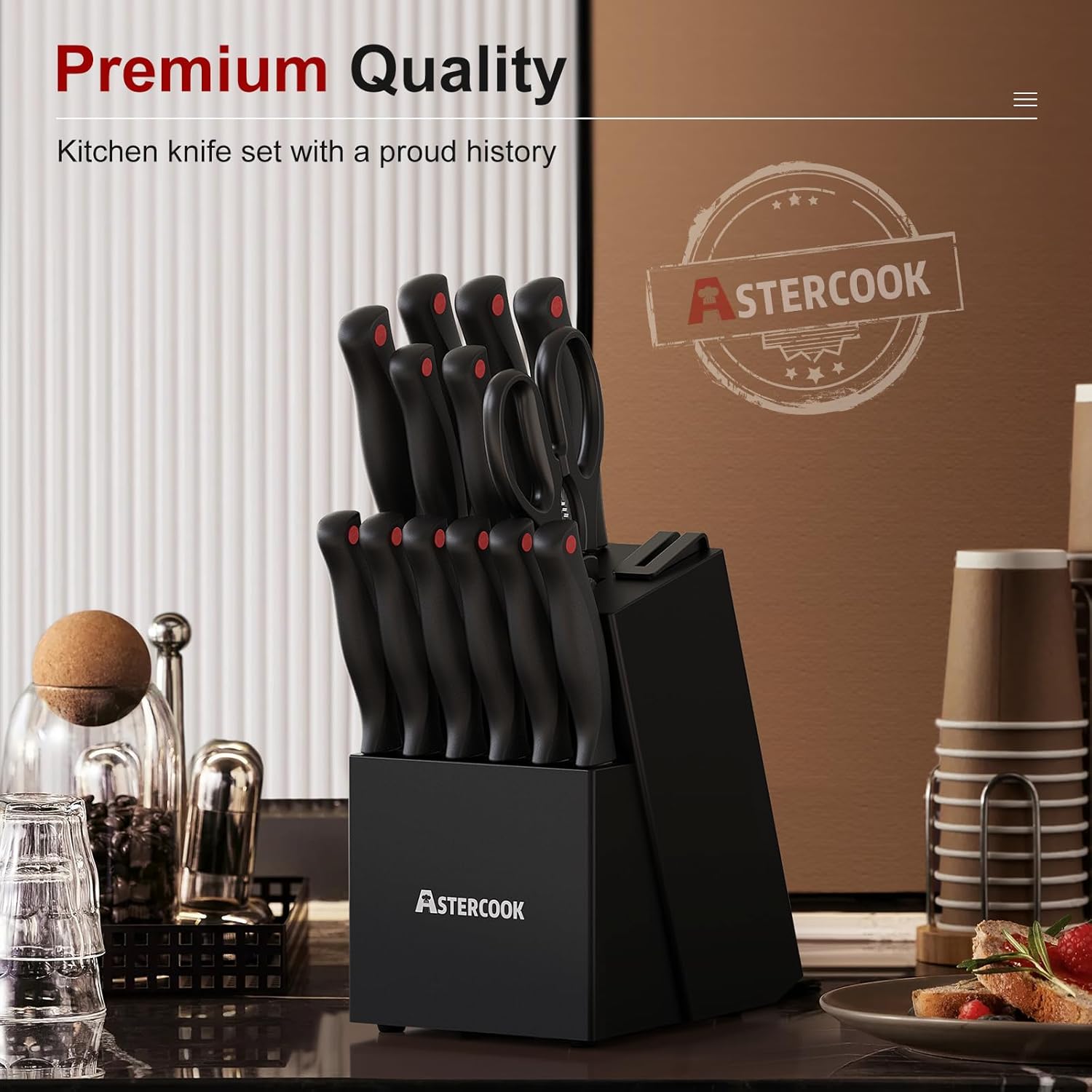NEW Astercook Knife Set, 15 Pieces Kitchen knives Set with Built-in Sharpener, High Carbon German Stainless Steel Chef Knife Block Sets, Sharp & Rust Resistant Dishwasher Safe, Black
