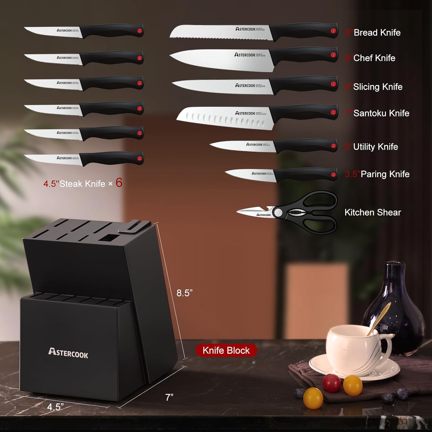 NEW Astercook Knife Set, 15 Pieces Kitchen knives Set with Built-in Sharpener, High Carbon German Stainless Steel Chef Knife Block Sets, Sharp & Rust Resistant Dishwasher Safe, Black