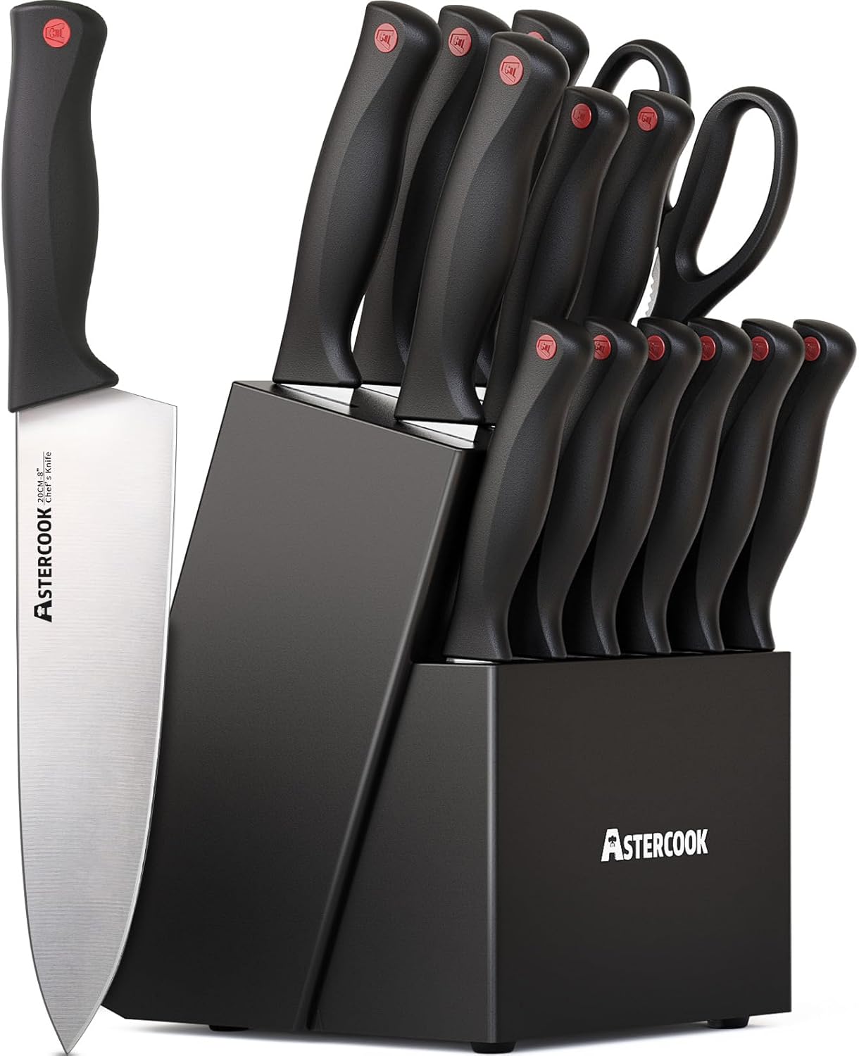NEW Astercook Knife Set, 15 Pieces Kitchen knives Set with Built-in Sharpener, High Carbon German Stainless Steel Chef Knife Block Sets, Sharp & Rust Resistant Dishwasher Safe, Black