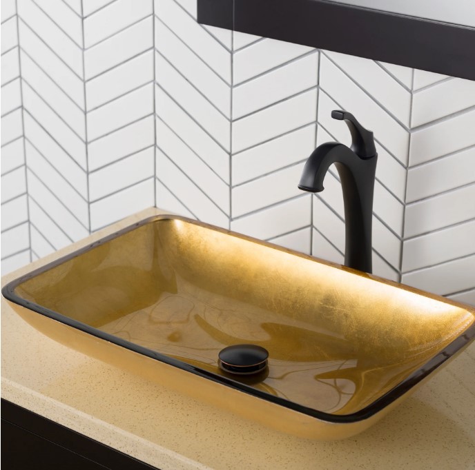 NEW KRAUS Rectangular Gold Glass Vessel Bathroom Sink, 22 inch GVR-210-RE