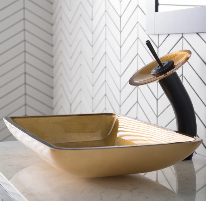 NEW KRAUS Rectangular Gold Glass Vessel Bathroom Sink, 22 inch GVR-210-RE