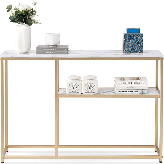 NEW ivinta Narrow Console Table, White Marble Sofa Table Small TV Entryway Table with Storage Shelf, Buffet Table for Hallway Living Room, 47.2inch Sage-80GOLD (White, 47 inch)