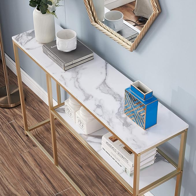 NEW ivinta Narrow Console Table, White Marble Sofa Table Small TV Entryway Table with Storage Shelf, Buffet Table for Hallway Living Room, 47.2inch Sage-80GOLD (White, 47 inch)