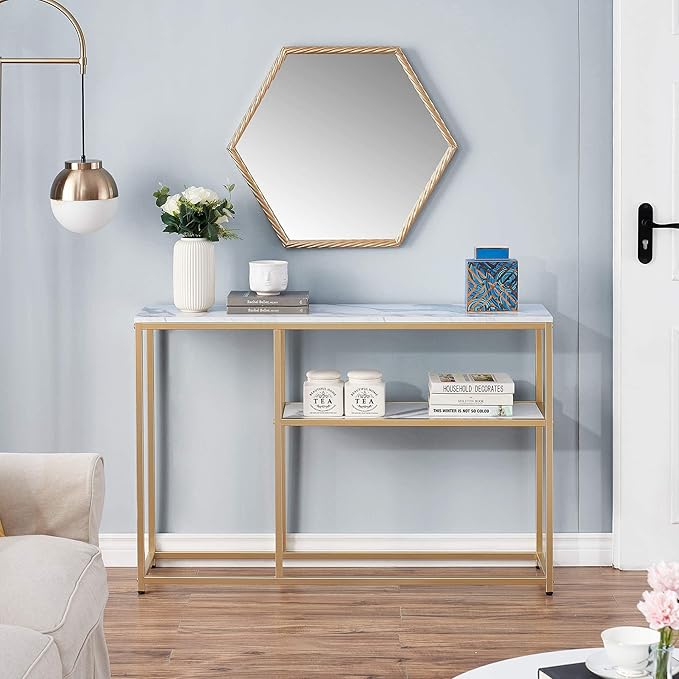 NEW ivinta Narrow Console Table, White Marble Sofa Table Small TV Entryway Table with Storage Shelf, Buffet Table for Hallway Living Room, 47.2inch Sage-80GOLD (White, 47 inch)