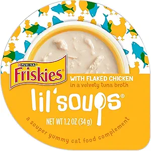 Purina Friskies Natural, Grain Free Wet Cat Food Lickable Cat Treats, Lil' Soups Flaked Chicken - (Pack of 8) 1.2 oz. Tubs