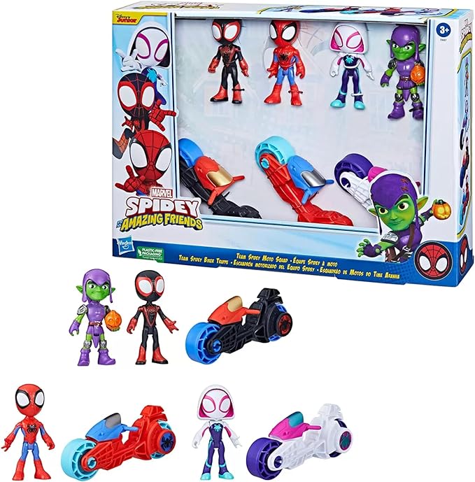 NEW SPIDEY AND HIS AMAZING FRIENDS - Motorized Squad of Spidey Team in Motorcycle Toys for Boys and Girls from 3 years old