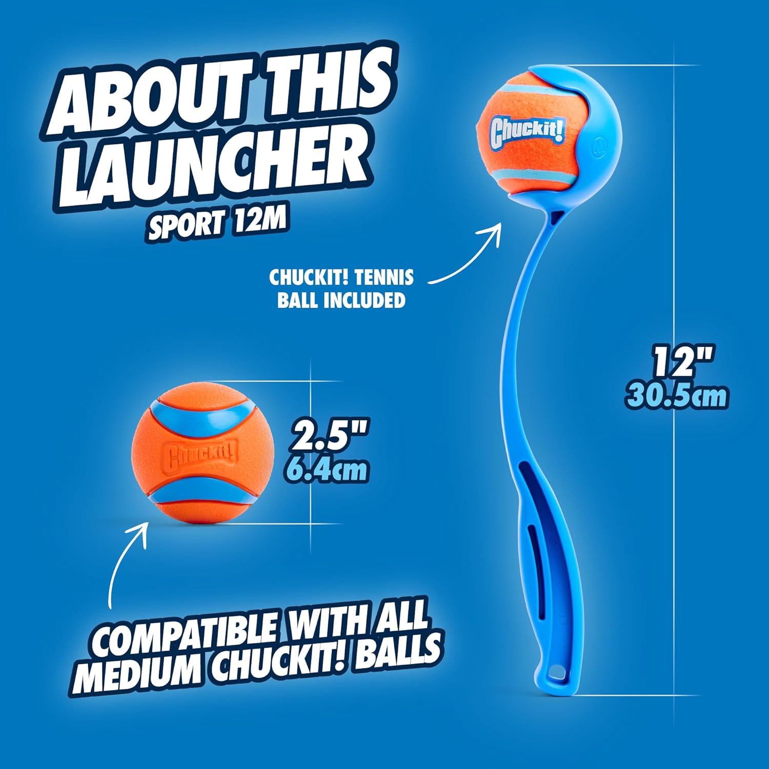 NEW Chuckit! Sport 12M Dog Ball Launcher - Includes a 2.5-inch Diameter Medium Ball for Dogs 20-60 Pounds - Manual Tennis Ball Thrower With a Slim Ergonomic...