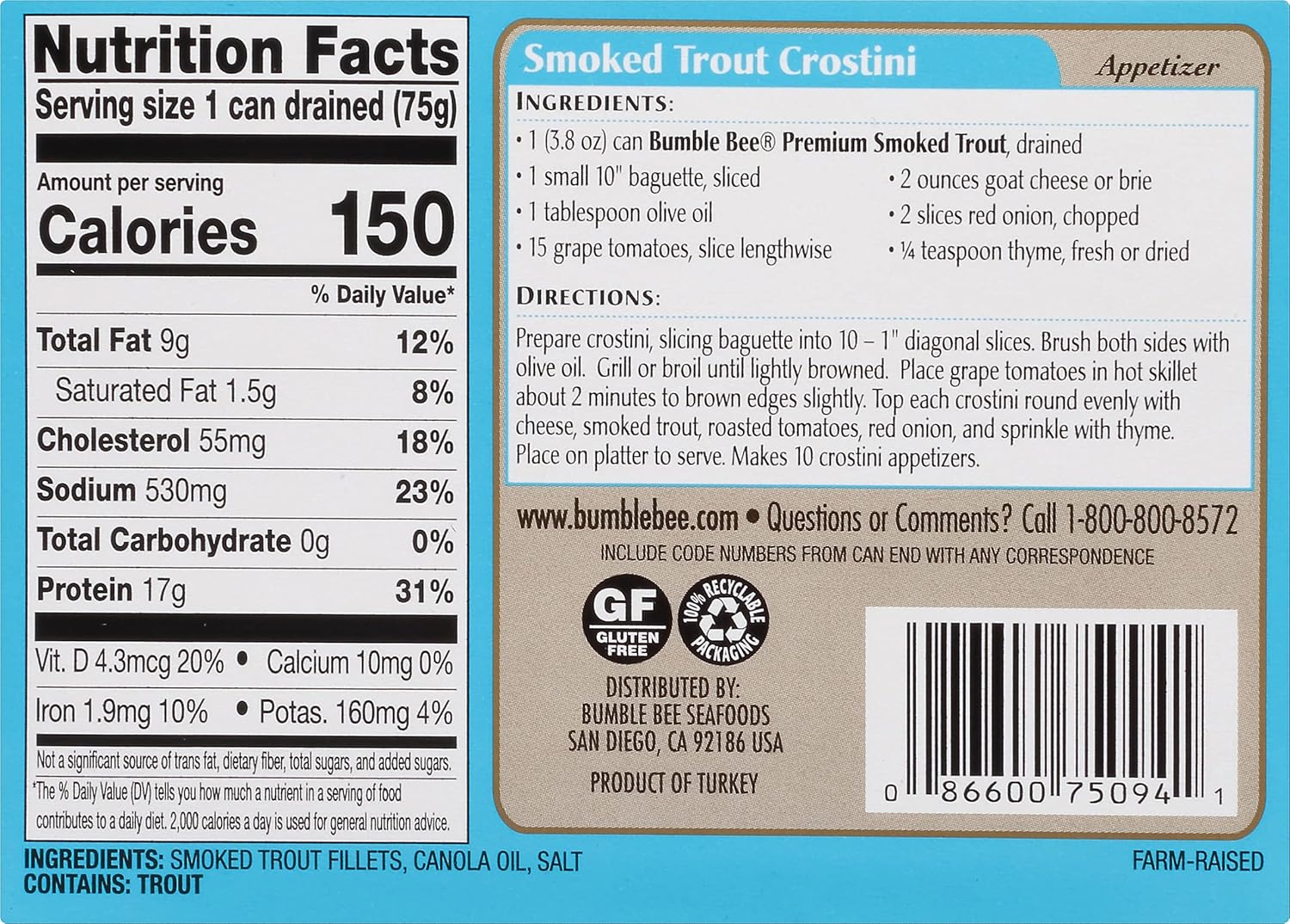 Bumble Bee Skinless & Boneless Smoked Trout Fillets, 3.8 oz Cans (Pack of 12) - 17g Protein per Serving - Gluten Free - Great Snack or Use in Seafood Recipes