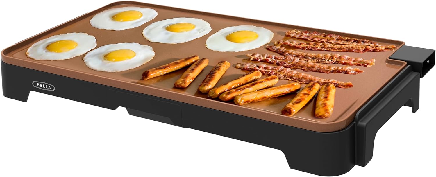NEW BELLA XL Electric Ceramic Titanium Griddle, Make 15 Eggs At Once, Healthy-Eco Non-stick Coating, Hassle-Free Clean Up, Large Submersible Cooking Surface, 12" x 22", Copper/Black