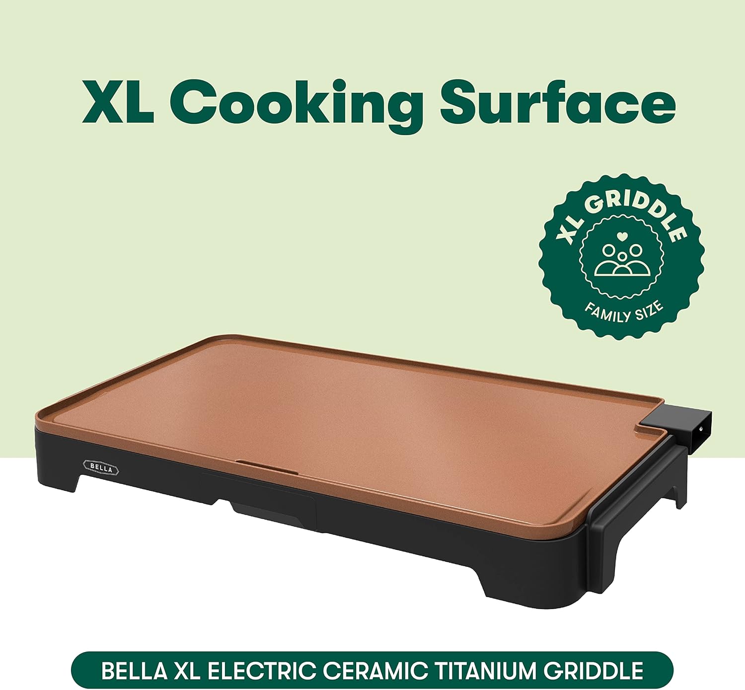 NEW BELLA XL Electric Ceramic Titanium Griddle, Make 15 Eggs At Once, Healthy-Eco Non-stick Coating, Hassle-Free Clean Up, Large Submersible Cooking Surface, 12" x 22", Copper/Black