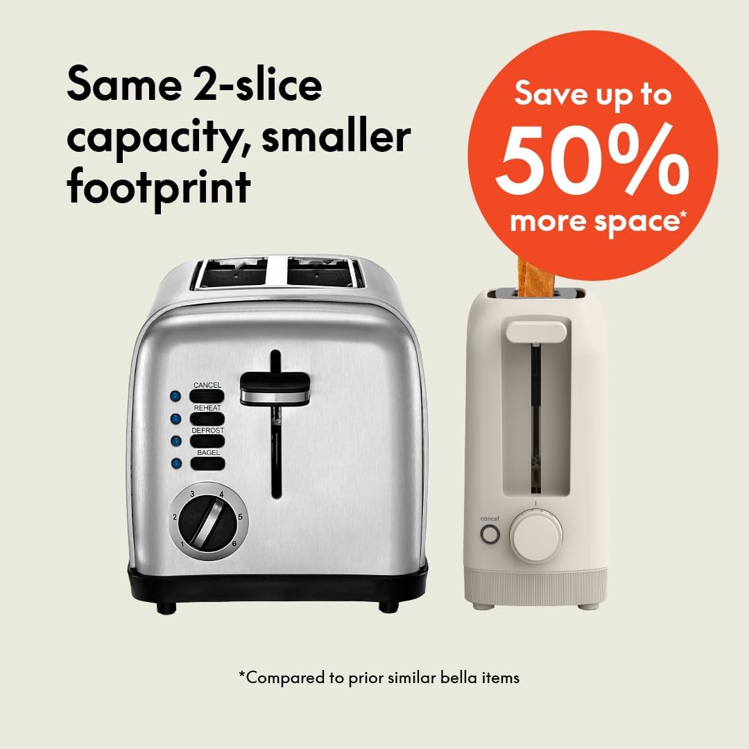 NEW bella 2 Slice Slim Toaster, Fits-anywhere™ Kitchenware, 6 Setting Shade Control with Reheat & Cancel Buttons, Removable Crumb Tray, 10” Long Slot, Anti Jam & Auto Shutoff, 900 Watt, Oatmilk
