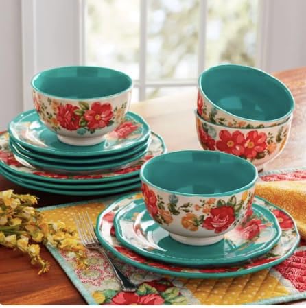 NEW Pioneer Woman Dinnerware Set Vintage Floral 12-Piece, Teal
