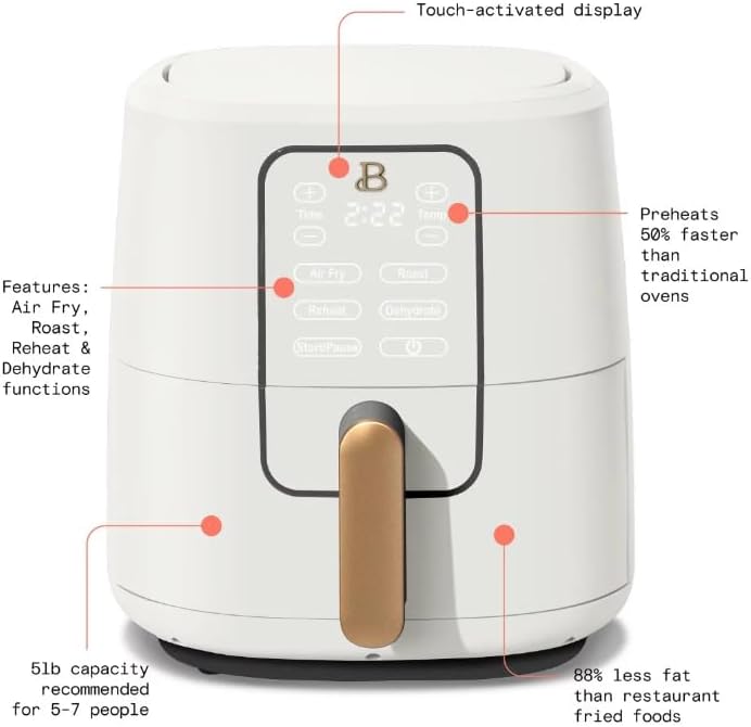 NEW Beautiful 6 Qt Air Fryer with TurboCrisp Technology and Touch-Activated Display, 4 Preset Functions Air fry, Roast, Reheat & Dehydrate, White Icing by Drew Barrymore (White Icing)