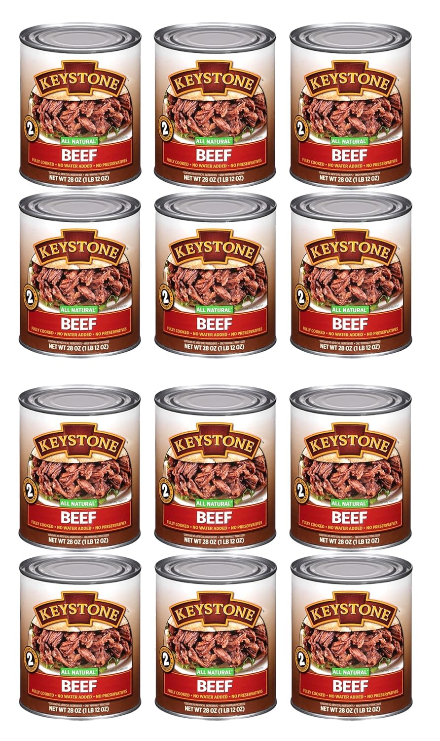 Keystone Meats All Natural Canned Beef 28 Oz Long Shelf Life Emergency Food For Camping Canned Meat Fully Cooked Ready to Eat | Gluten Free Pack of 12
